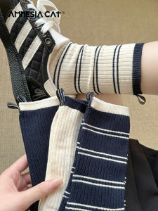 Womens Mid-Calf Striped Socks Thin Cotton Breathable Moisture Wicking Spring Autumn Fashion Korean Style Cat Memory Loss