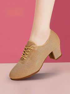 ผู้หญิง ตาข่าย รองเท้าเต้นรําสีผิวรองเท้าเต้นรําแบบละติน ฤดูร้อน ใหม่รองเท้าส้นสูงปานกลางรองเท้าเต้นรําการฝึกอบรมฟิตเนส