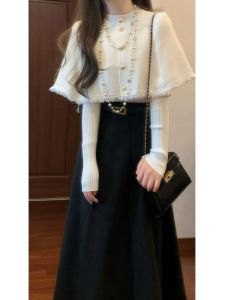 CHANGTONG | Fashionable Autumn Set Knitted Cape Top and Half Skirt