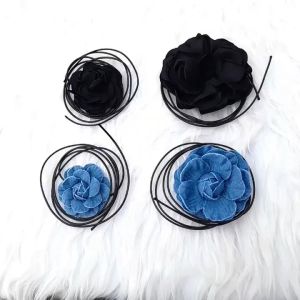 Vòng choker vải hoa trà vòng cổ nữ gắn hoa quyến rũ