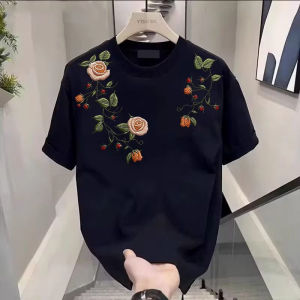 PAZHAOLANG | Large Size Rose Flower Embroidered Print Cotton T-Shirt Loose