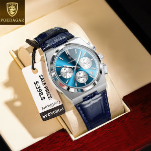นาฬิกาข้อมือ POEDAGAR รับรองจากสวิสสำหรับกันน้ำผู้ชายนาฬิกาควอทซ์บางเฉียบปฏิทินหนังแท้แบบมัลติฟังก์ชันหรูหรา