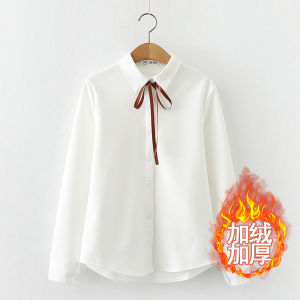 Áo Sơ Mi Nữ Dài Tay Dày Lót Lông Cừu Mùa Thu Đông Phong Cách Ngọt Ngào Cho Học Sinh Có Nút Thắt Thắt Lưng Cổ Polo Màu Trơn