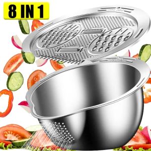 Multifunctional Vegetable Chopper Carrot Potato Stainless Steel Manual Shredder Kitchen Rice Washing Bowl Drain Basket Food Grater