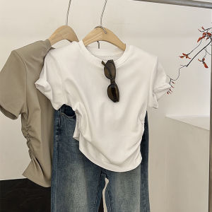 Slim Fit Short Sleeve T-Shirt Womens Summer Casual Pure Color Padded Shoulder Folded Waist Slimming Short Length White Top