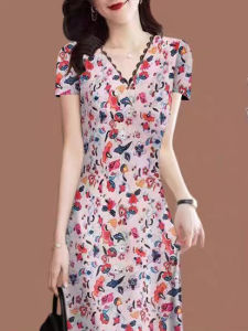 Retro Midlife Ethnic Style Lace Womens Summer New Mid-Length V-Neck Slimming Dress Fashionable Print A-Line Dress