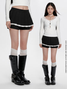 Black Pleated Mini Skirt Womens High Waist Design Slim A-Line Sweet Cool Short Pants Spring Commute Style Knitted Skirt