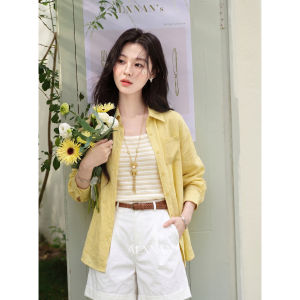 Áo Sơ Mi Nữ Tay Dài Vải Lyocell Ramie Màu Vàng Chống Nắng Mùa Hè