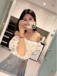 White Sweet Style Embroidered Strawberries Shoulder Bared Pearl Strap One Shoulder Ruffle Hem Short Sleeve Womens Shirt