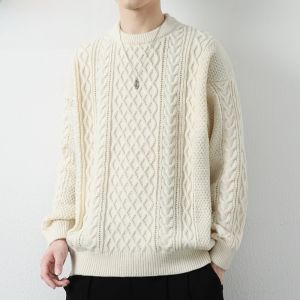 HENGYUANXIANG | Thickened Stripe Knitted Sweater For Men In Red Loose Fit Round Neck Casual Fashion Urban Style Winter Season Youth Active Style