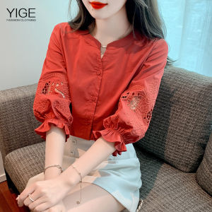 YIGE Công Việc Nặng Rỗng-Out Áo Cánh Thêu Cho Phụ Nữ 2023 Mùa Hè Phong Cách Hàn Quốc Mới Tay Áo Bong Bóng Áo Thiết Kế Cao Cấp Năm-Quý Tay Áo Cho Phụ Nữ