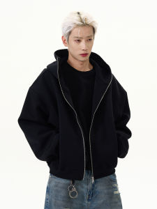 เสื้อแจ็คเก็ตคาร์ดิแกนคอวีมีฮู้ดสีพื้นสำหรับผู้ชาย ทรงหลวม แขนยาว ปกติ ฤดูใบไม้ร่วง/ฤดูหนาว แจ็คเก็ตแบบมีซิป