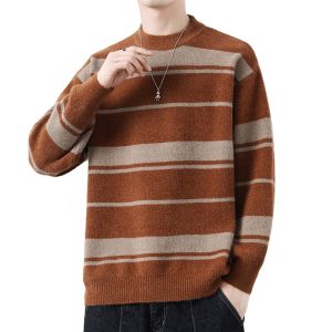 HENGYUANXIANG | Hengyuanxiang Mens Thickened Knitted Sweater Stripe Pattern Round Neck Winter Warm Casual Loose Fit Long Sleeve T-Shirt