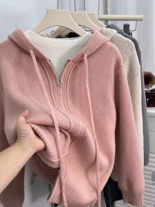 Womens Thickened Hooded Knitted Sweater Coat Double Zipper Loose Lazy Style Autumn Winter Korean Version Long Sleeve Cardigan