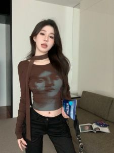 GUZILIAN | Korean Style Slim Fit Floral Print Base Shirt Womens Long Sleeve T-Shirt Spicy Short Style Trendy Top For Autumn Season