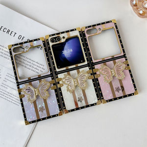 KISSCASE With Rhinestone Butterfly Bracket Stand Phone Case For Samsung Galaxy Z Flip 6 5 4 3 5G Square INS Style Folding Hard PC Anti-fall Shockproof Back Cover For Galaxy Z Flip 6 5 4 3
