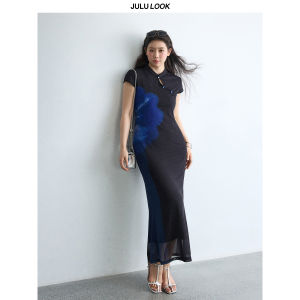 JULULOOK | Đầm Qipao In Vintage Phong Cách Phương Đông Dây Đai Eo Size Lớn