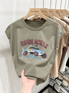 American Retro Shoulder Length Sleeveless T-Shirt Womens Short Sleeve Summer Design Sense Niche Loose Top Summer Cotton Polyester Blend round Neck Print Commute Style