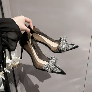 Transparent Black High Heels Womens Thin Heel Spring New Style Water Diamond Butterfly Knot French Pointed Toe Elegance Lady Single Shoes
