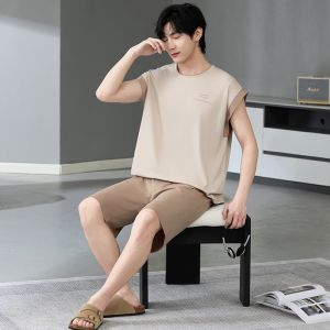 miiow | Catman Summer Sleepwear Set Mens Sleeveless Vest Shorts Lazy Large Size Outdoor Wear Home Clothes Cotton Blend Comfortable