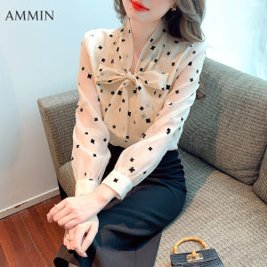 AMMIN Korean style long-sleeved womens lace-up floral chiffon shirt 2022 autumn new fashion loose and versatile mesh printed chiffon top