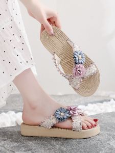 Dép Xỏ Ngón Đan Hoa Đế Bằng Chống Trượt Đi Biển Mùa Hè Cho Nữ Dép Xỏ Ngón Đế Bằng Đan Bằng Nhựa EVA Đế Cao Su