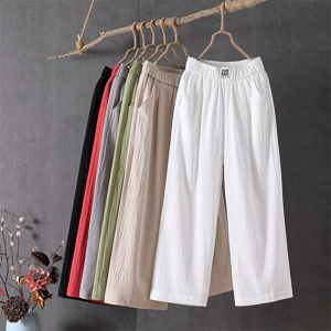 Summer Thin Cotton Linen Casual Pants Women Slimming Versatile High Waist plus Size Loose Mid-aged Nine-point Wide Leg