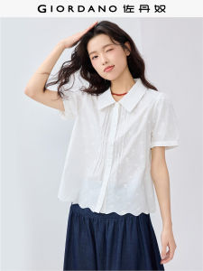 Áo Sơ Mi Cotton Tay Ngắn Giordano Thêu Viền Xếp Ly Viền Sóng Viền Ngọt Ngào Tối Giản Màu Trắng Mỏng Chất Lượng Cao Cấp Dành Cho Nữ