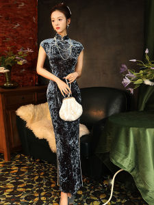 Elegant Long Velvet Cheongsam Dress New Chinese Style Womens Autumn Winter High Collar Short Sleeve Daily Wear Gown