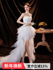 Feather Embedded Diamond Princess Bride Short Front Long Back Drag Tail Wedding Dress Evening Gown 17901 Korean Style Bridal Gown