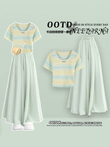 Summer Beautiful Dopaamine plus Size Womens Dress Elastic Waist Long Skirt Green Color Korean Style Commute Pure Color Polyester Fiber