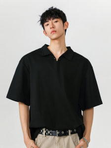 V37 Black Casual Polo Shirt Short Sleeve Mens T-Shirt Simple American Loose Fit Five-Quarter Sleeve Style for Autumn