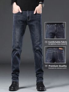 ROMON | Romon Mens Slim Fit Denim Jeans Thickened Washed Elastic Straight Leg Long Trousers Spring Autumn Winter Fashion Urban Style