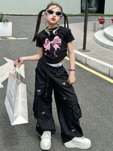 เสื้อยืดคอกลมแขนสั้นพิมพ์ลายผีเสื้อสำหรับเด็กผู้หญิง ทรงเข้ารูป สไตล์หวานและเผ็ดร้อน กางเกงทำงานลำลอง เสื้อผ้าเด็กผู้หญิง