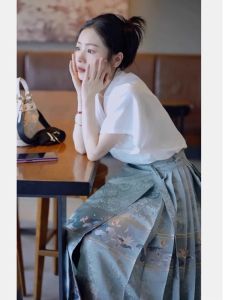 New Chinese Style Horse Tailed Skirt Set Womens Mid-Length A-Line Midi Skirt Commute Hanfu Ensemble Autumn Winter Short Sleeve V-Neck