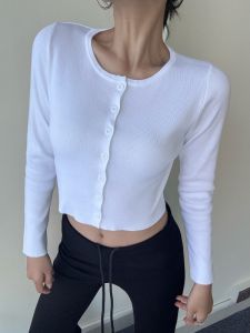 Áo Len Cardigan Dệt Kim Ngắn Cổ Tròn Màu Trắng Cài Nút Gợi Cảm Mùa Thu Phong Cách Hàn Quốc Ôm Vừa Vặn Áo Khoác Ngoài Đẹp