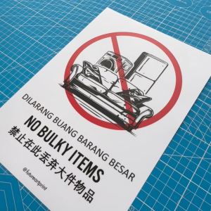 No Bulky Items. Dilarang Buang Barang Besar. 禁止在此丢弃大件物品. Dumping Rubbish Garbage. Sampah. Premium Sticker Prohibition Sign. Prohibited Label Notice Signage. Laminated Waterproof Scratch Resistant. Suitable for Indoor and Outdoor.