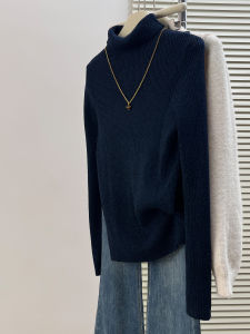 QINGNAER | Slimming Half Turtleneck Navy Blue Long Sleeve Sweater
