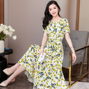 Váy Lụa Cotton Mới Cho Phụ Nữ Trung Niên Mùa Hè Cao Cấp Cỡ Lớn Váy Dài Bằng Cotton Nhân Tạo Váy Công Sở Thường Ngày