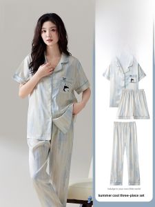 Cat Woman Summer Ice Silk Short Sleeve Open Cardigan Soft Breathable Sweat Free Large Size Ladies Home Clothes Three Piece Set