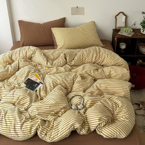Striped Microfiber Bedding Set With 1 Duvet Cover1 Flat Sheet and 2 Pillowcases Soft Breathable Wrinkle‑Resistant Bed Linens