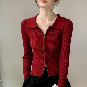 Retro Red Sweatshirt Jacket Womens Chic Double Zipper Polo Collar Knitted Open Cardigan Two-Piece Set Autumn Initial