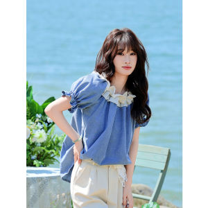 Casual Loose Womens Denim Shirt Floral Lace Halter Neck Top Summer New Style Anti-Wrinkle Short Sleeve Chinese Brand White Pour