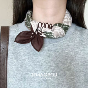 Retro Brown Geometric Cotton Linen Neck Scarf for Women Shirt Matching Ins Headband Hairband Small Square Scarf Fashion Accessory