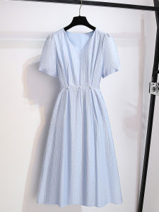 Lavender Silk V-neck Dress Womens A-line Waist-cinching Simple Elegant Long Skirt Summer New Style Elegant Commute Pure Color