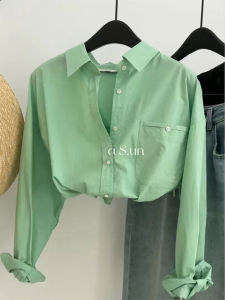 PAIBOLI | Green Shirt Gentle Style Korean Design Casual Polo Collar Long Sleeve Spring New Arrival Single Piece Layering Fashion Sensation