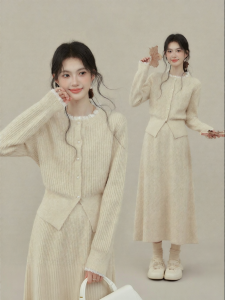 OUYANGXI | Bộ Áo Kẹp Len và Chân Váy