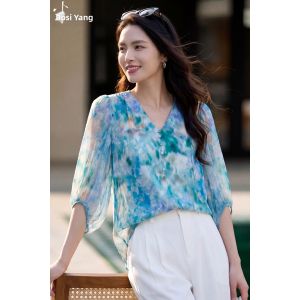 Misoshine | Ombre Mist Blue 100% Silk Blouse