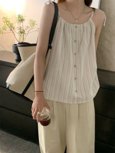 Retro Striped Tie-Back Tank Top Women Summer New Loose Backless Design Sleeveless Top Pure Color Commute Style Button Element