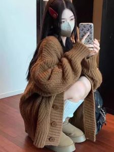 Milk Huhoo Thick Pattern with Brown Color Sweater Outwear Female Fall and Winter Loose and Lazy Style Cable Stitch Retro Knitted Cardigan Top